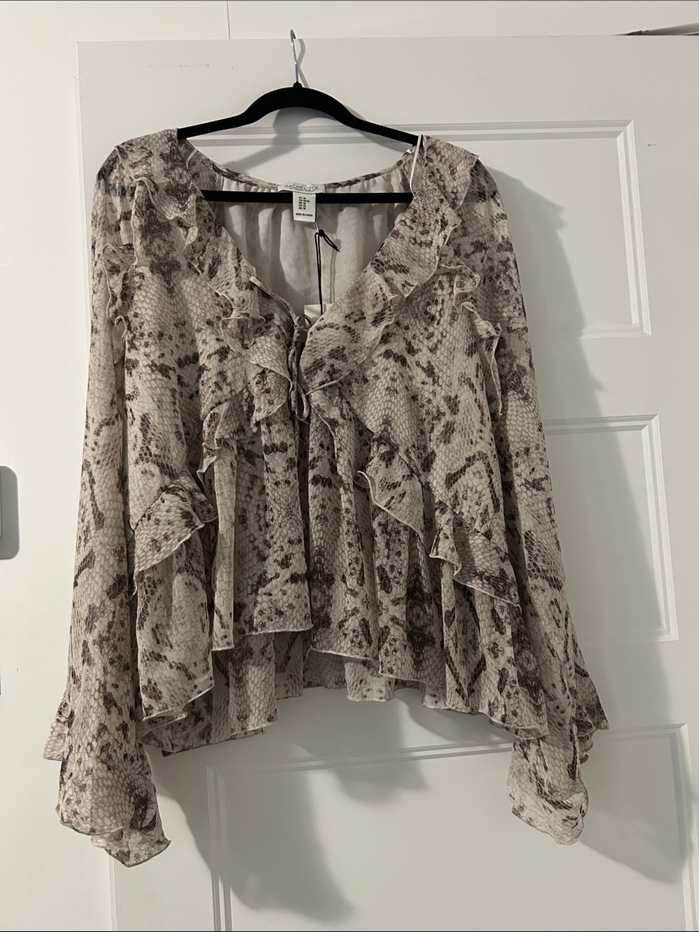 Rachel Zoe Ruffled Snake-Print Blouse in Taupe- 1X